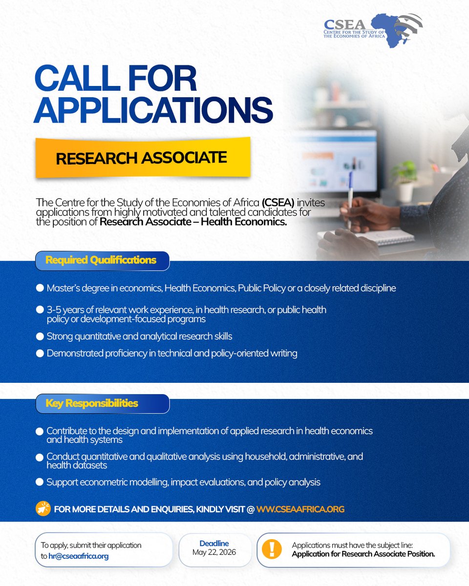 csea_afric's tweet photo. Calling all health economists! We’re expanding the search for our new Research Associate. If you have strong quantitative skills and experience in policy-orientated writing, we want to hear from you. 

Check out the updated qualifications and apply today. Deadline extended to May 22, 2026.

For details and how to apply, visit https://t.co/0DXQrheKxw or submit your application to hr@cseaafrica.org

#CSEA #HealthEconomics #ResearchJobs #Economics #CareerOpportunity #AfricaResearch #PublicPolicy #JobUpdate