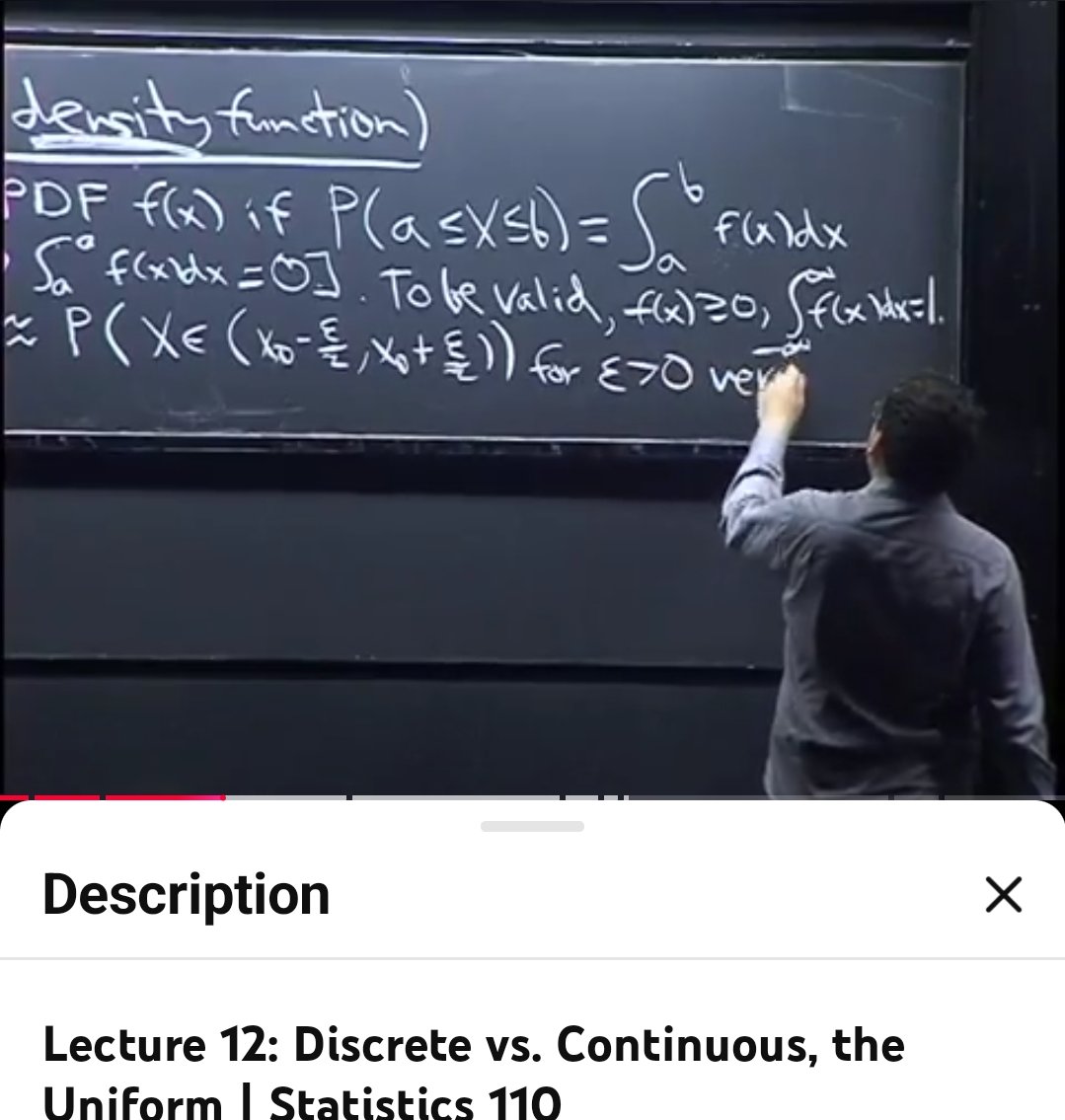 ParamSharm72289's tweet photo. #Day48 of my AI/ML & Quant journey
Harvard Stat 110, Lec 12
Continuous RVs: Shifting from sums to integrals.
PDF: Mastering density where
$$P(a \le X \le b) = \int_a^b f(x) dx$$
.
Uniform Distribution: Foundation of continuous probability.
Solidifying those ML roots! 📈🔢 https://t.co/4ZRJAJxlx8
