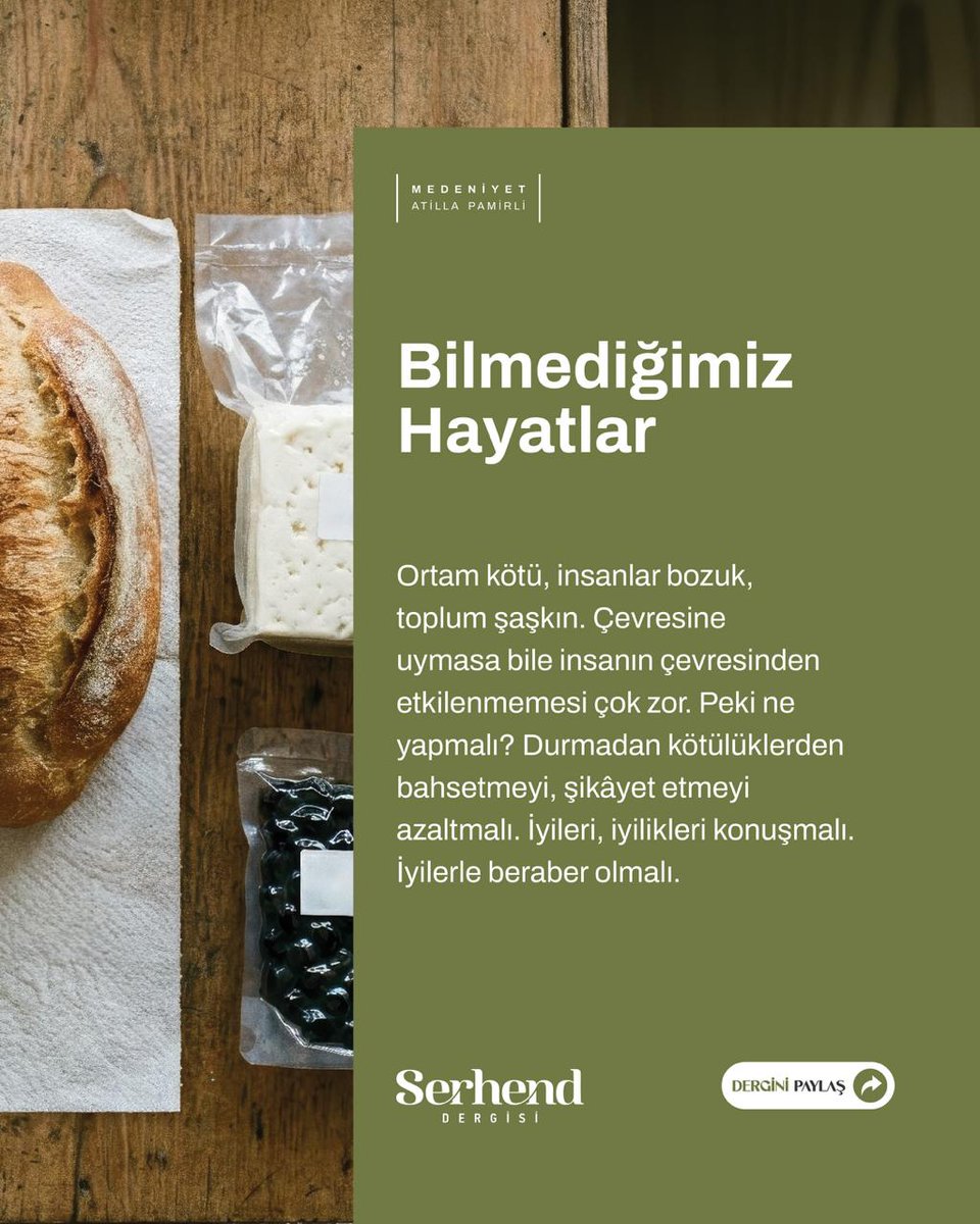 SerhendDergisi's tweet photo. Ortam kötü, insanlar bozuk, toplum şaşkın. Çevresine uymasa bile insanın çevresinden etkilenmemesi çok zor. Peki ne yapmalı? Durmadan kötülüklerden bahsetmeyi, şikâyet etmeyi azaltmalı. İyileri, iyilikleri konuşmalı. İyilerle beraber olmalı.
 
 #SerhendDergisi https://t.co/ePaz73l8YL