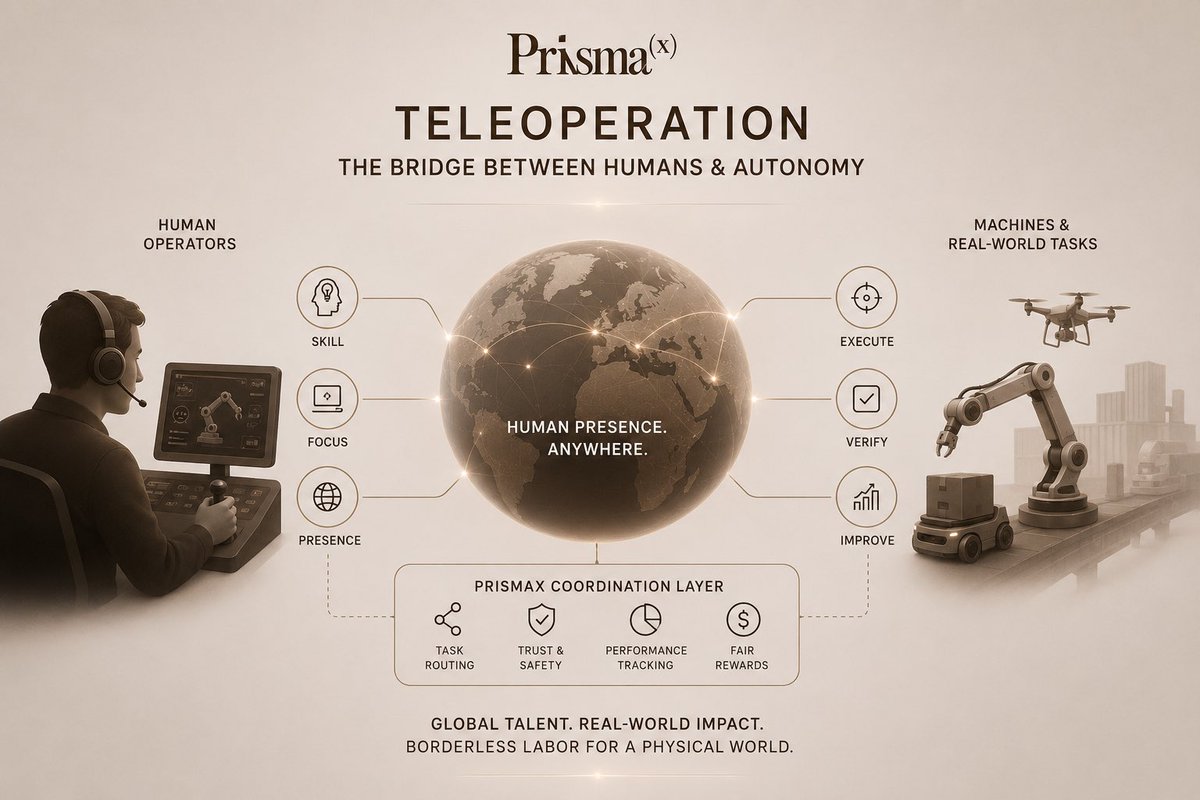 Fola_web3's tweet photo. Beyond Remote Control: PrismaX and the Globalization of Human Presence

An idea latched onto me while teleoperation earlier today, maybe a little radical and crude but worth sharing.

We speak about teleoperation like it’s just about controlling machines remotely.

I understand it's the easy way to understand it.

A robot in one place, a human in another, connected through a screen and some controls.

But that framing misses the bigger shift entirely.

Because teleoperation isn’t really about machines.

It’s about presence.

Let me explain.

For the longest time, human work has been tied to location.

If a job needed to be done in a specific place, a human had to be there physically.

That constraint shaped everything:
where people live, where companies hire, how economies grow.

Remote work changed that, but only for digital tasks.

Teleoperation goes a step further.

It brings that same flexibility to physical tasks.

Imagine this:

A skilled operator sitting in Lagos controlling warehouse systems in Europe

Handling precision equipment in Asia

Managing logistics operations in the Middle East

Not in theory, but as a normal workday.

Same skill. Multiple environments. Zero relocation.

This is possible with teleoperation and I think

@PrismaXai direction starts to make more sense when we see things from this perspective.

Because once you remove location from physical work, a new problem appears:

coordination.

Who does what?
How are tasks assigned?
How do you verify that work was actually done?
How do you reward people fairly across borders?

These are not robotics problems.

They are system problems.

Teleoperation at scale doesn’t break because of hardware.

It breaks because there’s no structured way to:
connect operators to machines,
route tasks efficiently,
and align incentives across everyone involved.

And this is the less discussed layer PrismaX seems to be leaning into.

Not just enabling remote control.

But building the coordination layer around it.

A system where:
operators, machines, and tasks
exist in a shared environment
that can distribute work, track performance, and reward contribution.

In that sense, the real shift isn’t remote control.

It’s the emergence of a global market for physical execution.

Where human skill is no longer local.

Where presence becomes something you can deploy.

Of course, this doesn’t come without friction.

Latency still matters.
Regulation will push back.
Security becomes critical when machines are remotely accessible.

So this won’t happen overnight.

But the direction is already forming.

Teleoperation is often framed as a hardware story.

But it’s not.

It’s a labor story.

And if PrismaX gets this layer right,
it won’t just be about controlling machines from anywhere.

It will be about making human presence itself borderless.

Cc @vivianrobotics