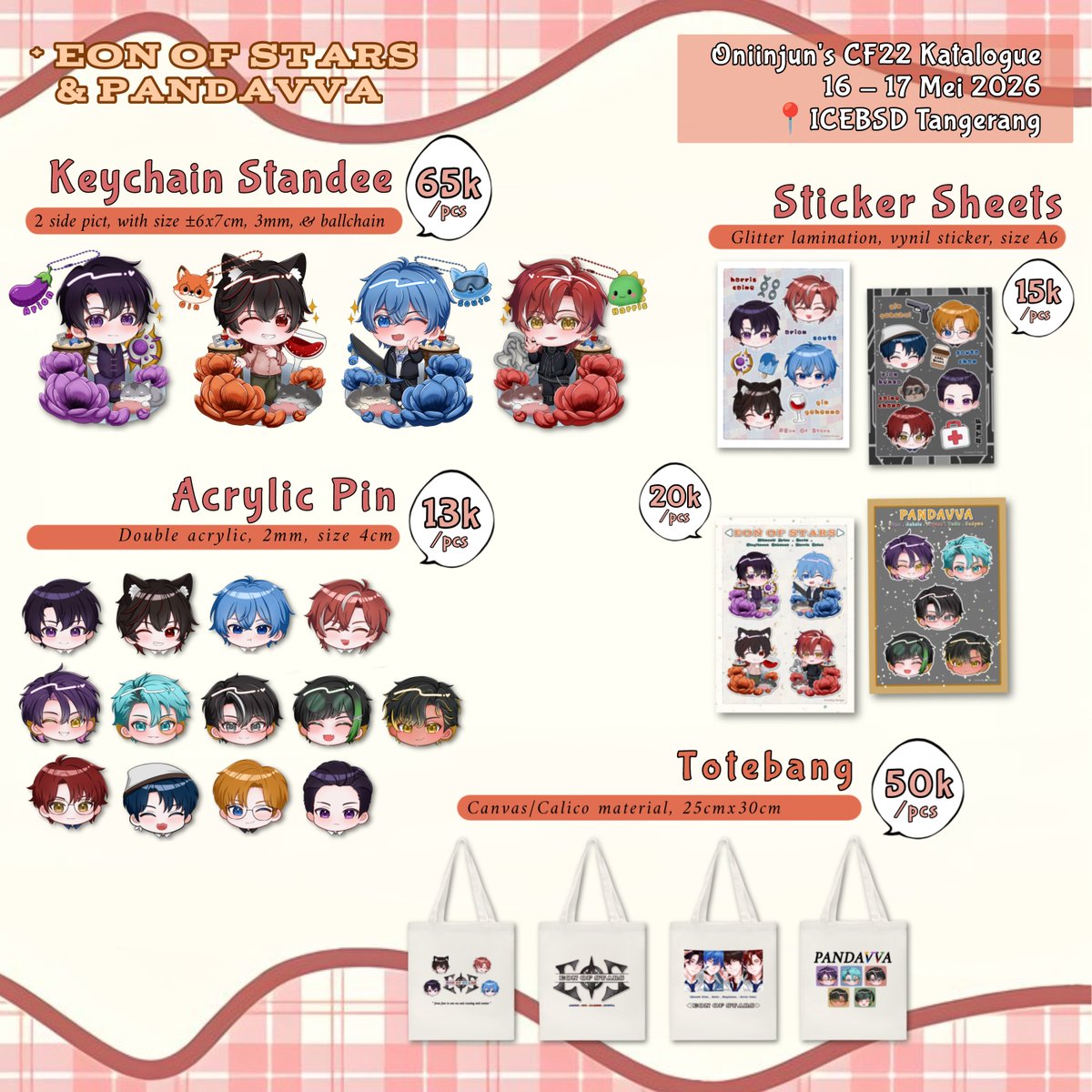 oniijunn's tweet photo. — Oniinjun's OTS Katalogue for #CF22 !
[ ❤️ &amp; 🔁 appreciated! ]

🗓️ : 16 - 17 Mei 2026
⌚: Both Day | Booth COD M-09 AB
📍: ICEBSD Tangerang

📦 : Mail Order Batch 2 ‼️
📎 : https://t.co/hgA0pYgrgW

✨ : EOS (Eon Of Star) &amp; PANDAVVA

#comifuro21 #cf21catalogue https://t.co/z801ivl1OQ