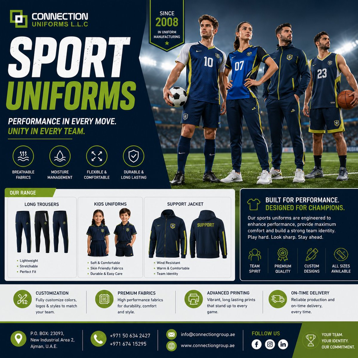 Conn_Garments's tweet photo. Performance in Every Move. Unity in Every Team.
Customized sports uniforms designed for comfort, durability, 
✔ Sports Jerseys
✔ Kids Sports Uniforms
✔ Long Trousers
✔ Support Jackets
✔ Team Kits &amp; Training Wear
✔ Custom Printing &amp; Embroidery
📞 +971 50 634 2427 See less https://t.co/QW2jhrmgAj