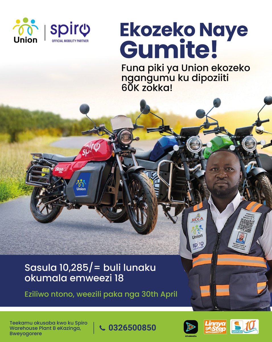 sanyukatv's tweet photo. Start earning sooner than you think.
With only UGX 60K deposit and UGX 10,285 daily, you can own a refurbished Spiro built to keep you moving every day.
Don’t wait, reach out to @UnionAppUg today.
#Zuukuka #UnionNSSFSmartLife #UnionLetsGo #LinnyaStep https://t.co/c9x7nCUbgp