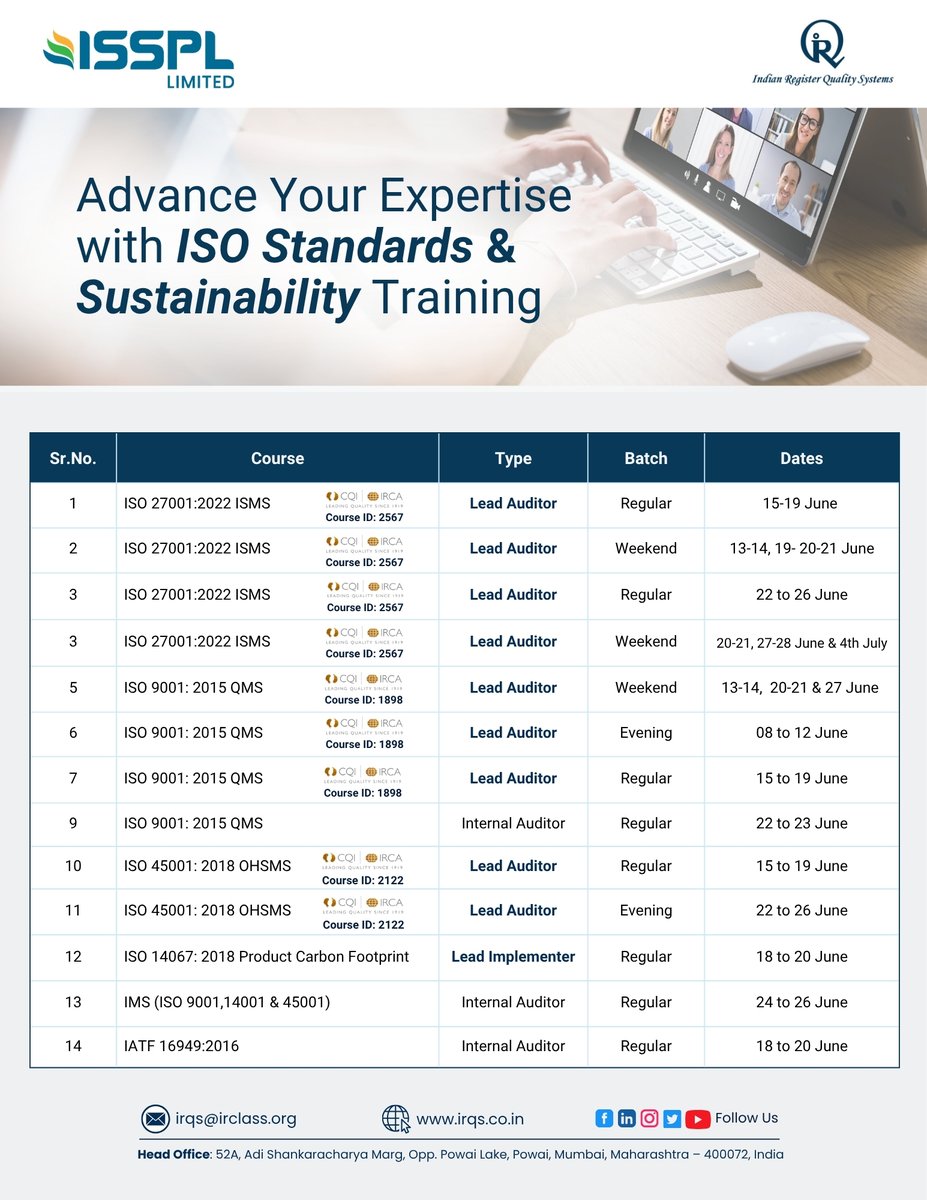 ISSPLLimited's tweet photo. 🎓 June 2026 Updated Training Calendar is Live!

Invest in your professional growth with ISPPL (Formally known as IRCLASS)  – IRQS, a trusted name in globally recognized ISO and Sustainability Training. https://t.co/LMNLkb2aCY