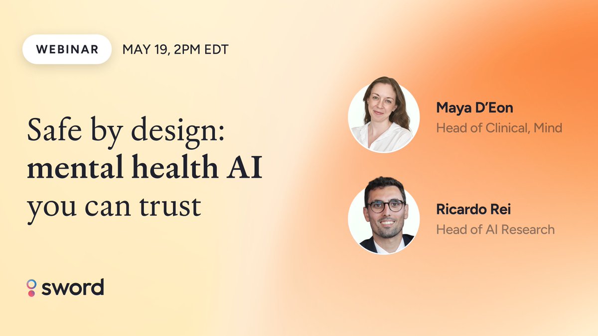 swordhealth's tweet photo. What should employers be asking when they evaluate a mental health AI vendor? Sword's Head of Clinical Maya D'Eon and Head of AI Research @RicardoRei7 are addressing it directly in a live session on May 19th at 2PM EDT.

The market is crowded and most tools look similar from the outside, but the differences in how they are built have real clinical consequences. How a model is evaluated for safety matters more than most procurement processes account for.

Register here: https://t.co/2PuEwbgJvR