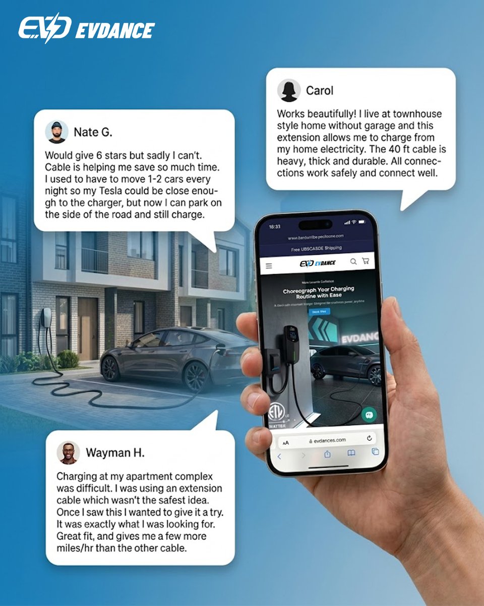 evdancesupport's tweet photo. Some setup upgrades aren’t about speed.
They’re about finally making charging easier.
Here're the real reviews from EVDANCE Extension Cord users:
From apartments
to townhomes
to curbside parking —
sometimes a little extra reach changes everything. ⚡
#evdance #evdanceextensioncord #evlife