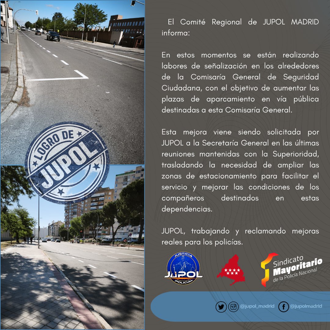 Jupol_Madrid's tweet photo. 🚧 Se están realizando labores de señalización en los alrededores de la Comisaría General de Seguridad Ciudadana para ampliar las plazas de aparcamiento en vía pública.

🅿️ Una mejora solicitada por JUPOL en las reuniones mantenidas con la Superioridad. 💪 https://t.co/FWFLYju2vj