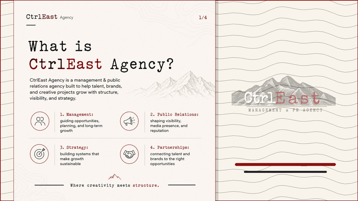 CtrlEastHQ's tweet photo. CtrlEast Agency starts here.

Management gives direction.
PR shapes visibility.
Governance protects creativity.
Structure turns potential into momentum.

Built for talent, brands, and creative projects growing from East Africa outward. 

#CtrlEastAgency #EastAfricanTalent https://t.co/Mln7vJNwu8