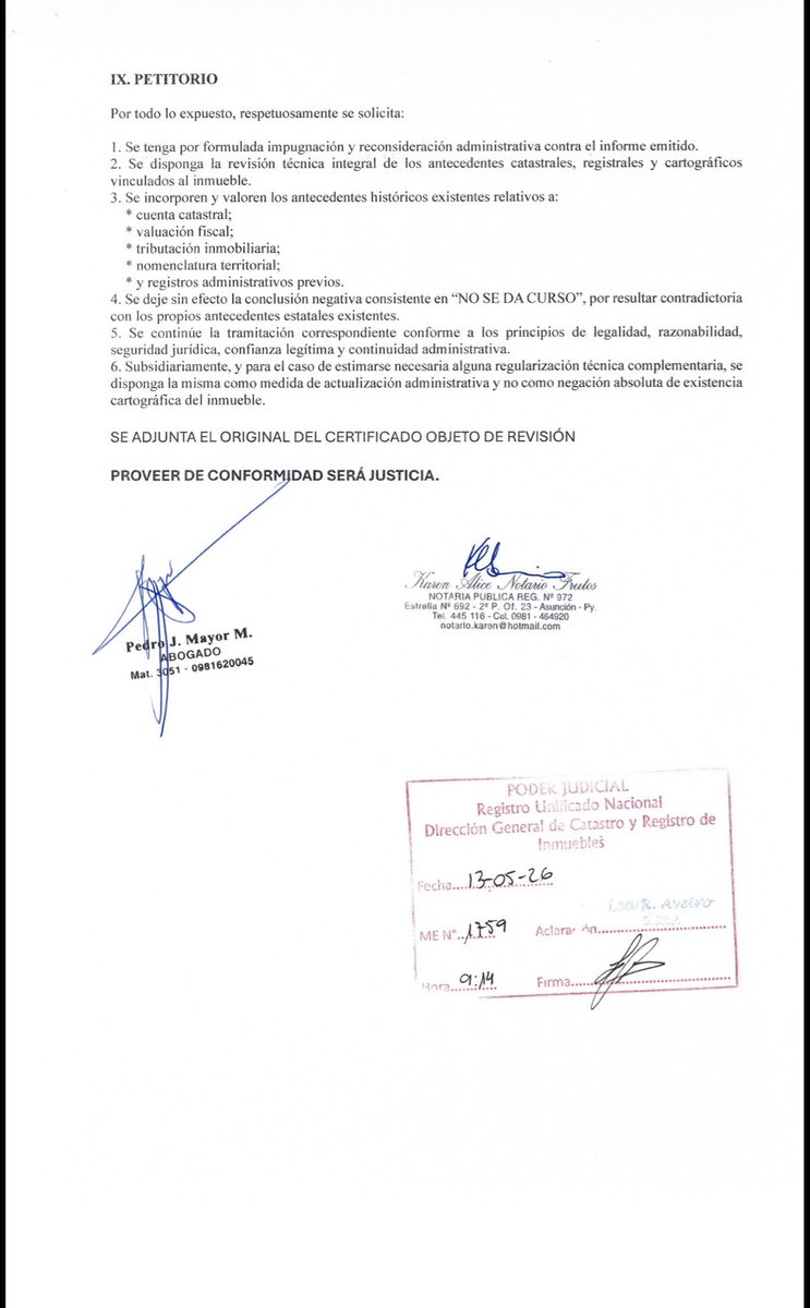 pjmayorm's tweet photo. Hemos presentado el escrito de reconsideración ante la Dirección de Catastro dependiente del RUN, ejerciendo el derecho ciudadano a exigir coherencia, legalidad y seguridad jurídica en los procedimientos administrativos.

Cuando el propio Estado ya reconoce datos catastrales y tributarios de un inmueble, las respuestas administrativas deben estar conectadas con esa realidad y no generar nuevas barreras al ciudadano.

Una administración moderna debe simplificar, integrar y dar respuestas razonables. La confianza en las instituciones también se construye desde la eficiencia y el respeto al administrado.
@ColegioParaguay