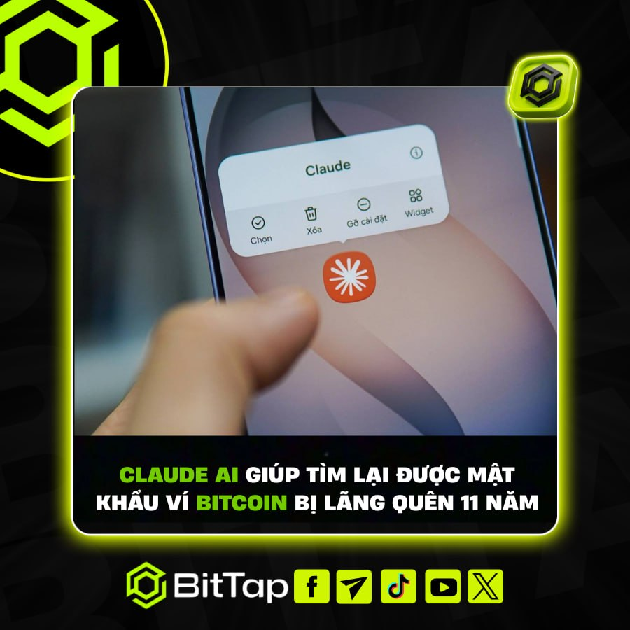 BitTapVN's tweet photo. CLAUDE AI GIÚP TÌM LẠI ĐƯỢC MẬT KHẨU VÍ BITCOIN BỊ LÃNG QUÊN 11 NĂM

✔️Một câu chuyện đang gây bão cộng đồng crypto trên X khi một người dùng tuyên bố AI Claude của Anthropic đã giúp mình khôi phục thành công ví Bitcoin bị khóa suốt gần 11 năm, chứa lượng BTC trị giá khoảng 400.000 USD.