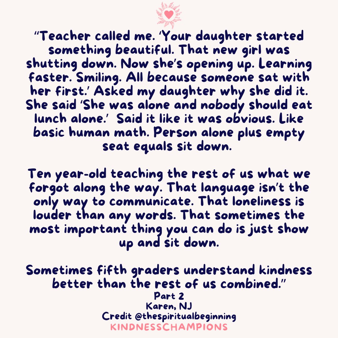 KindnessChamps's tweet photo. "Nobody should eat lunch alone.’"

"10 yo teaching us that language isn’t the only way to communicate. That loneliness is louder than any words. That sometimes the most important thing you can do is just show up and sit down."🥰 #thereisgood❤️

Thanks #thespiritualbeginning😊 https://t.co/oHfxapgFMq