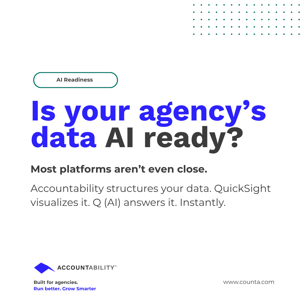 TeamCounta's tweet photo. Is your agency's data AI-ready?

Most platforms aren't even close.

Accountability structures it. QuickSight visualises it. Q (AI) answers it. Instantly.

https://t.co/stOJ0QP1t3 https://t.co/TSasFxJjDN