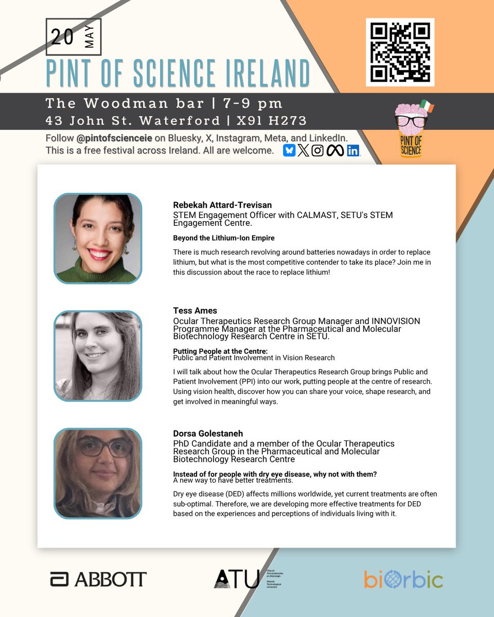 pintofscienceIE's tweet photo. Waterford, science is coming to the pub 🍻🧠

Join Pint of Science Ireland at The Woodman Bar for talks on future batteries, vision research &amp; healthcare innovation.

📍 Waterford  
📅 20 May | 7–9 PM

🎟️ Free tickets live now - https://t.co/Bbzp6jSzxU

#pint26 #Waterford https://t.co/vMFi5kf9lz