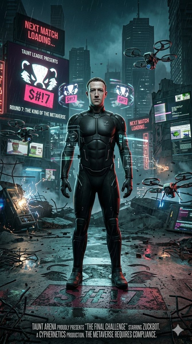 hobrsesy's tweet photo. @taunt_bet They say 'The Metaverse requires compliance,' but they never said *whose* compliance. Step into the arena, 'King.' We’ve been expecting you. #TauntArena #Zuckbot https://t.co/SIQmv49Jt0