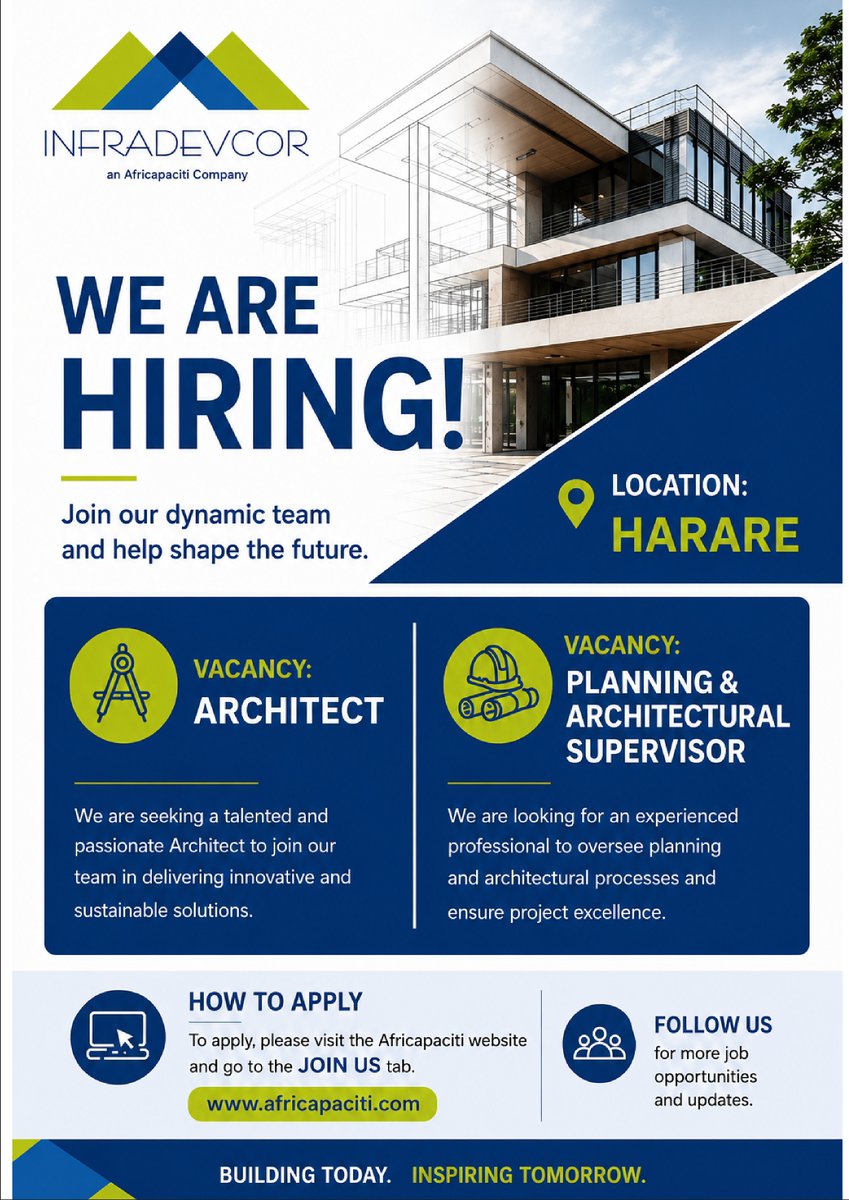 infradevcor's tweet photo. If you are passionate about innovation, design, and shaping the future of construction, apply today through the Join Us tab on the Africapaciti website.

Follow our pages for more job opportunities and company updates.

#Hiring 
#ArchitectJobs 
#ConstructionJobs 
#HarareJobs https://t.co/tPgTdmqxvn