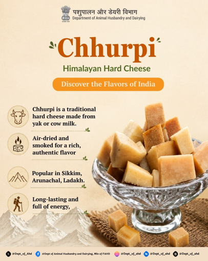 Dept_of_AHD's tweet photo. Chhurpi
A traditional Himalayan hard cheese made from yak or cow milk, loved for its smoky flavor, long shelf life, and energy-packed goodness.
A true mountain delicacy from the heart of the Himalayas.
#FlavorsOfIndia #CheeseEdition #Chhurpi #HimalayanCheese #TraditionalFoods #IndianDairy #TasteOfIndia #DAHD #Sikkim #Ladakh #ArunachalPradesh