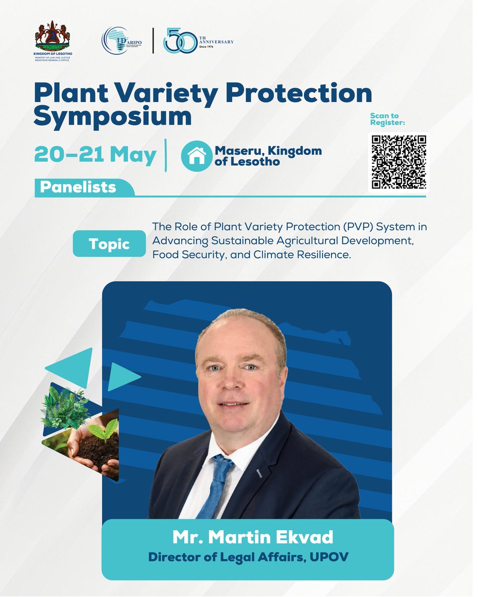_ARIPO's tweet photo. #SpeakerAnnouncement 🔊  Meet some of the panelists who will speak on various topics at the ARIPO Plant Variety Symposium. 🌱🌿🍀

Venue: Maseru, Kingdom of Lesotho
Dates: 20 - 21 May 2026. 

🔗https://t.co/xBvBQvqV0d

@UPOVint @pacrazambia 
#PVP #ArushaProtocol #ARIPOat50 https://t.co/iKnecdcG4K