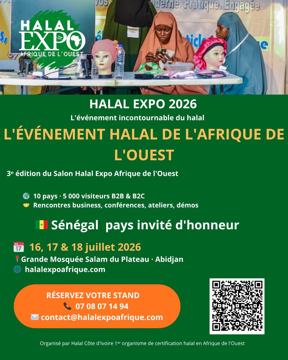 halalci's tweet photo. Marché halal mondial = 2 200 Md USD.
L'Afrique de l'Ouest a 1 seul rendez-vous structuré.

📍HEAO 2026
🗓 16-18 juillet · Abidjan
🇸🇳 Sénégal invité d'honneur
🛍 Stands B2B/B2C · 🎤 Conférences

👉 Inscriptions :
🔗 https://t.co/vjQ6nDdWFR

#HalalExpo2026 https://t.co/pduA816ZkX