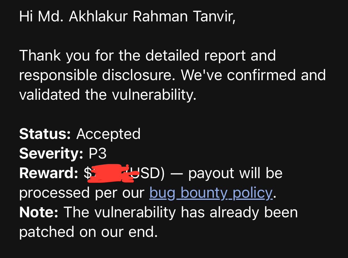 artanvir76's tweet photo. Alhamdulliah, Got another $$$ Bounty

#Bugbounty https://t.co/ES8qM8oKs5