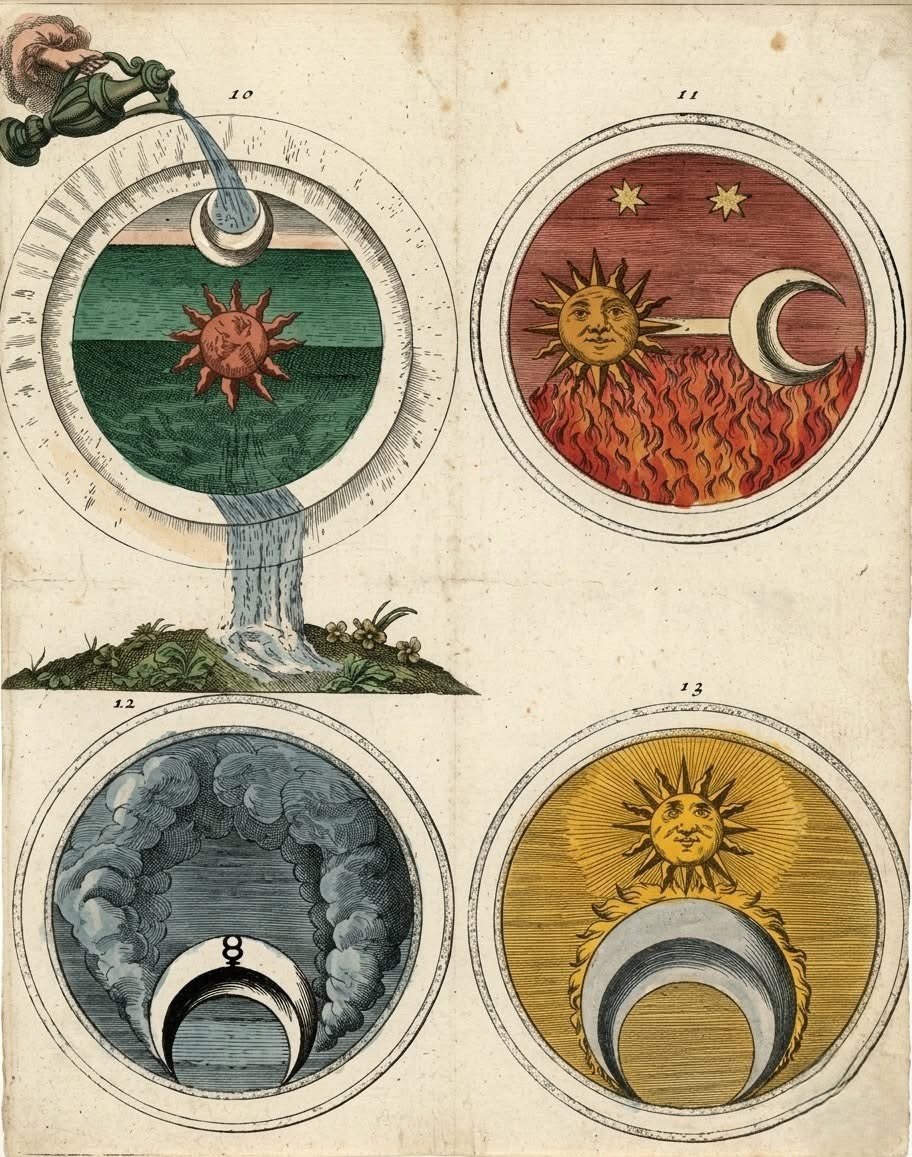 Cloudman176's tweet photo. This picture is a famous table taken from the work "Elementa Chemiae" (1718) by Johann Conrad Barchusen. It represents a series of alchemical symbols illustrating the different stages of the creation of the “Philosopher’s Stone”. Here is an analysis of the four medallions shown:1. Medallion 10 (upper left)The Water of Life: A hand pours water from above, crossing a circle containing the Sun and the Moon. It represents the solution or purification phase. Water washes the earth (the central circle), indicating the union of opposites under the celestial influence.2. Medallion 11 (Top Right) Fire and Stars: The Sun and Moon are now engulfed in flames, with two stars shining high. Symbolizes calculation or combustion. Extreme heat transforms matter; the stars indicate the attainment of a new degree of spiritual purity. 3. Medallion 12 (Bottom left) Darkness and Smoke: An overturned moon is overpowered by dark clouds of smoke or vapor. It represents the stage of Nigredo (the Black Opera). It is the moment of decomposition and symbolic death of matter, necessary before rebirth.4. Medallion 13 (Bottom right)The Radiant Union: The Sun Rises Over the Moon in a Luminous, Golden Field. Illustrates the Conjunction or the beginning of Albedo (the Opera in White). Opposites (male/Sun and female/Moon) are now harmonized, bringing to light and stability of the alchemical process. Barchusen was one of the first to integrate mystical alchemy with modern experimental chemistry, and these illustrations served to guide the initiation through transformations both physical and spiritual.