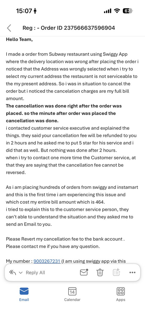 AjkumarD's tweet photo. Hey @Swiggy there was issue with the cancellation for that i have raised a concern via customer support no valid response and i have contacted via email at  support@swiggy.in  ID was given by customer support.till now no response. This looks a bad service. Can you help me here? https://t.co/ueqzFp6Ohj