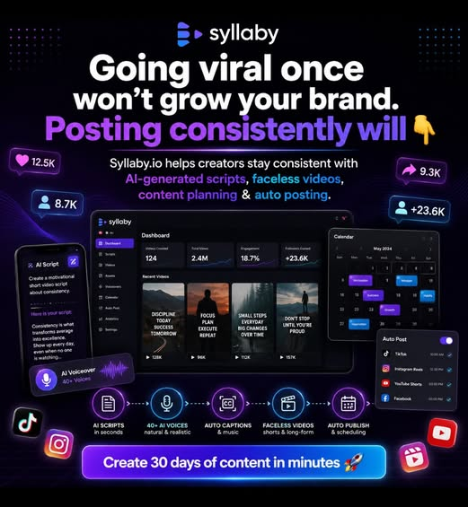 TrySyllaby's tweet photo. Going viral once won’t grow your brand.
Posting consistently will 👇

Syllaby helps creators stay consistent with:
📹 Faceless videos
📝 AI-generated scripts
🗣️ AI voices
🗓️ Content planning + auto posting

Start creating 30 days of content in minutes 🚀 https://t.co/s0UB3Aewhf