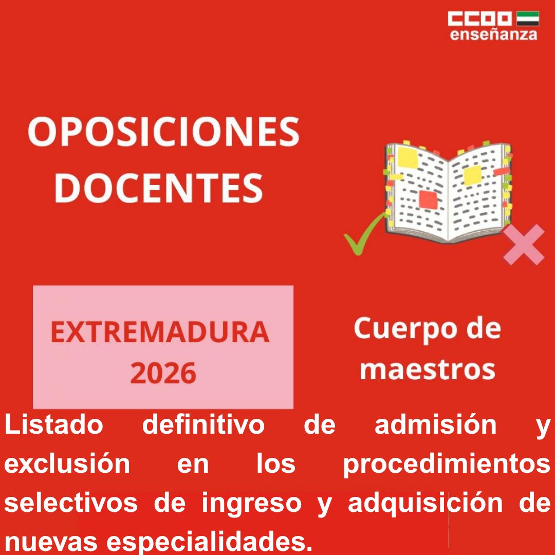 FECCOOex's tweet photo. 📌 FECCOO Extremadura informa: Listado definitivo de admisión y exclusión en los procedimientos selectivos de ingreso y adquisición de nuevas especialidades. https://t.co/vMQ36xhINY https://t.co/N37KF84F47