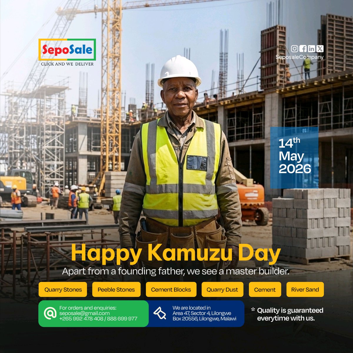 seposalecompany's tweet photo. CELEBRATING KAMUZU DAY

We Supply: Sand • Blocks • Cement • Quarry Stone • Pebble Stone • Quarry Dust • Crusher run • Already made concrete

📞 Call/WhatsApp: +265 888 699 977 | +265 992 478 408 🌐 Web: https://t.co/qsLQsK6z2X 📧 Email: seposale@gmail.com https://t.co/xbaRmFn5MK