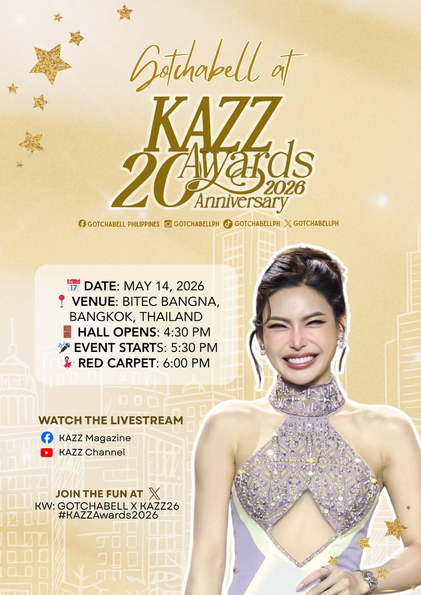 gotchabellph's tweet photo. Golden moments await ✨👑

Gotchabell is set to shine at the KAZZ Awards 2026 – 20th Anniversary! 🌟

Join us as we celebrate an unforgettable night of glamour, talent, and milestones. 💫

#Gotchabell #กชเบล 

GOTCHABELL X KAZZ26
#KAZZAWARDS2026 https://t.co/kB6k7iRPkj