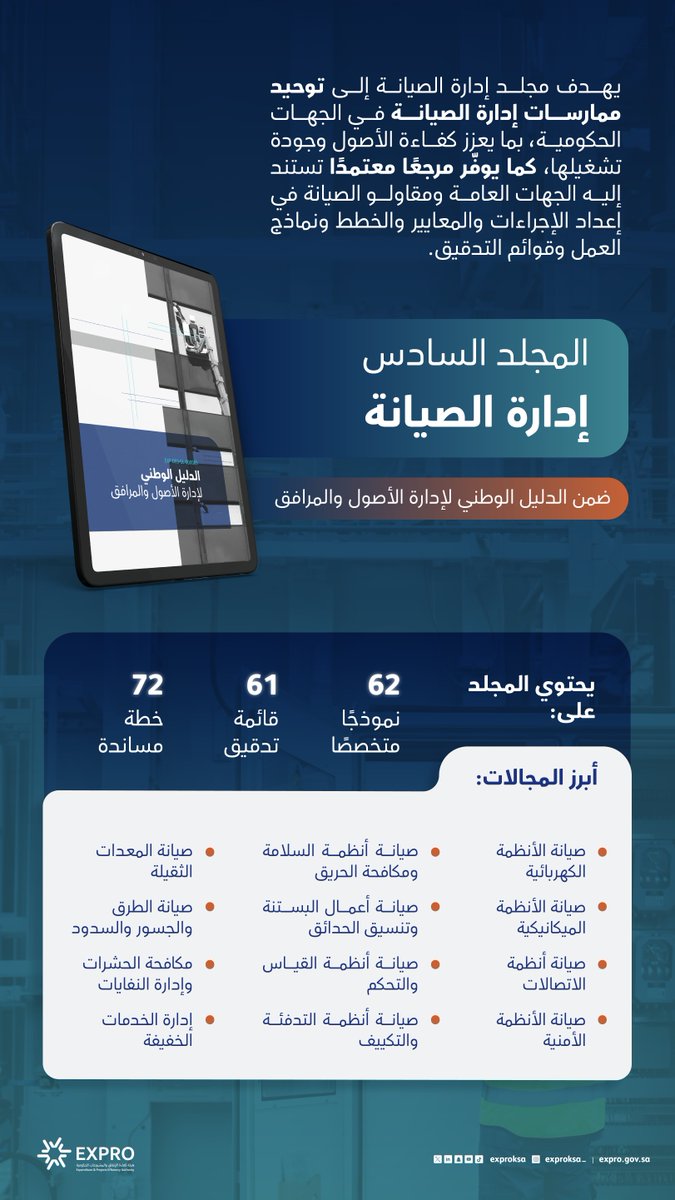 exproksa's tweet photo. يوفّر مجلد إدارة الصيانة، ضمن الدليل الوطني لإدارة الأصول والمرافق، مرجعًا معتمدًا تستند إليه الجهات الحكومية في إعداد الإجراءات والمعايير والخطط.

🔗| https://t.co/uJIMqDvzUZ

#اليوم_العالمي_لإدارة_المرافق https://t.co/ZDdkL2ggL3