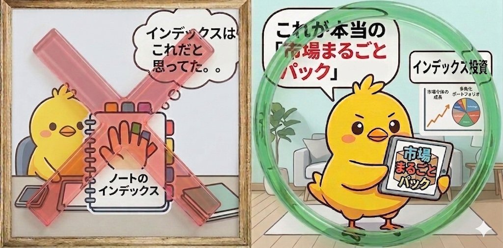 toshicouple's tweet photo. 🦉「迷ったらインデックス投資でいいよ」
🐥「……ノートのインデックス？文房具屋さんの回し者？」

事務用品の話だと思ってたけど、最近やっと「市場まるごとパック」って意味だとわかった。笑

「全部セットで買っちゃえ」って言ってくれた方がイメージ湧いたのに！カタカナに翻弄される日々😂📦 https://t.co/GIYLFIcUhk