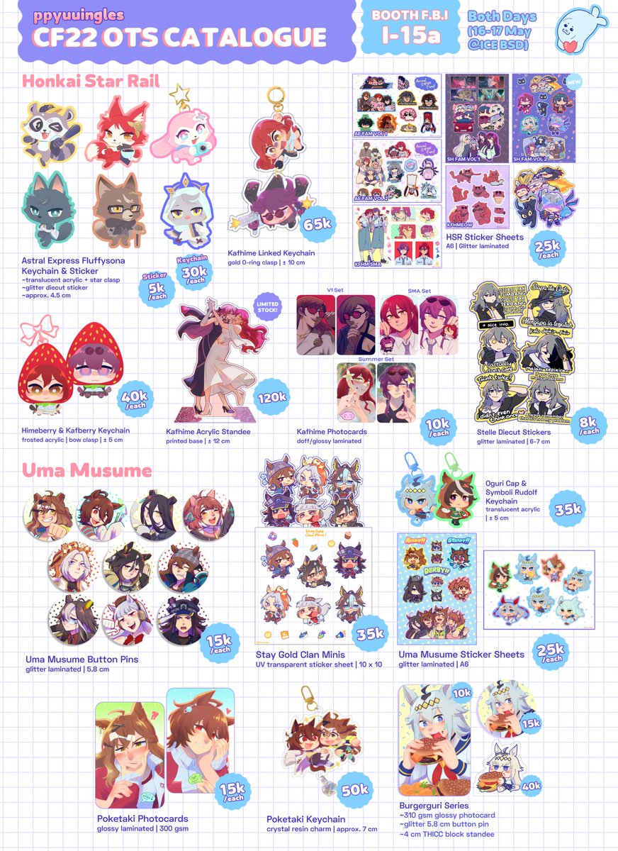 ppyuuingles's tweet photo. [❤️&amp;🔁 appreciated!]
Hi everyone here is my #CF22 OTS  catalogue!!! 

📍 Booth F.B.I (I-15a)
🗓️ Both Days (16-17 May)
🌟 HSR, Kafhime, Uma Musume, Poketaki, Resident Evil 9, ZZZ, Original

#comifuro22 #cf22catalog https://t.co/gppkqLkfmn