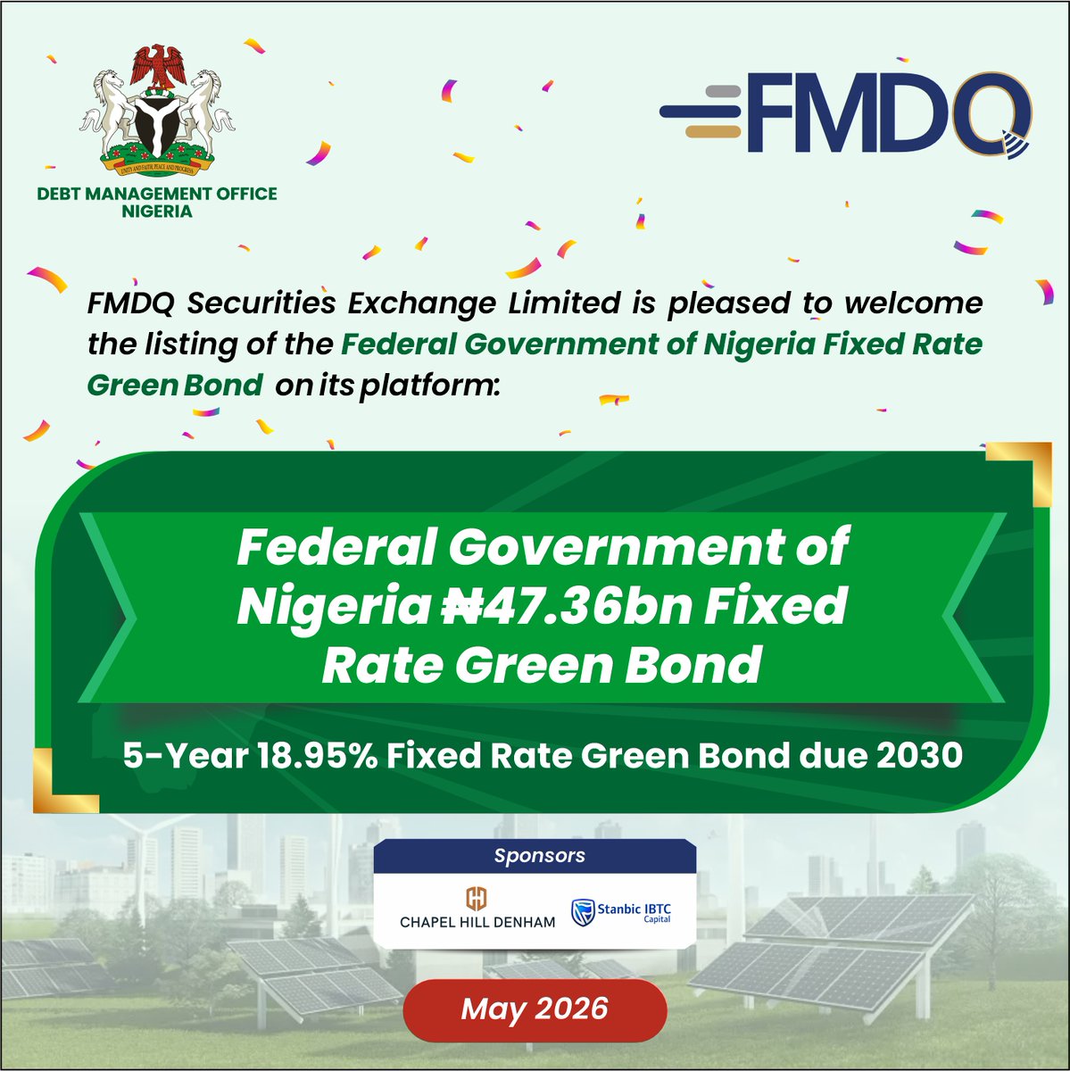FMDQGroup's tweet photo. FMDQ Exchange is pleased to announce the approval for the listing of Federal Government of Nigeria ₦47.36bn 5-Year Fixed Rate Green Bond on its platform.

#FederalGovernmentofNigeria #ChapelHillDenham #StanbicIBTCCapital #CommercialPapers #FMDQExchange https://t.co/KOxYL6tNXK