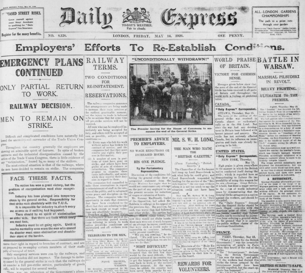 BNArchive's tweet photo. 'Employers' Efforts to Re-Establish Conditions - Emergency Plans Continued - Only Partial Return to Work - Railway Decision - Men to Remain on Strike,' Daily Express, 14 May 1926 #OTD #1926Newspapers #GeneralStrike https://t.co/tXNVNTB6Q8