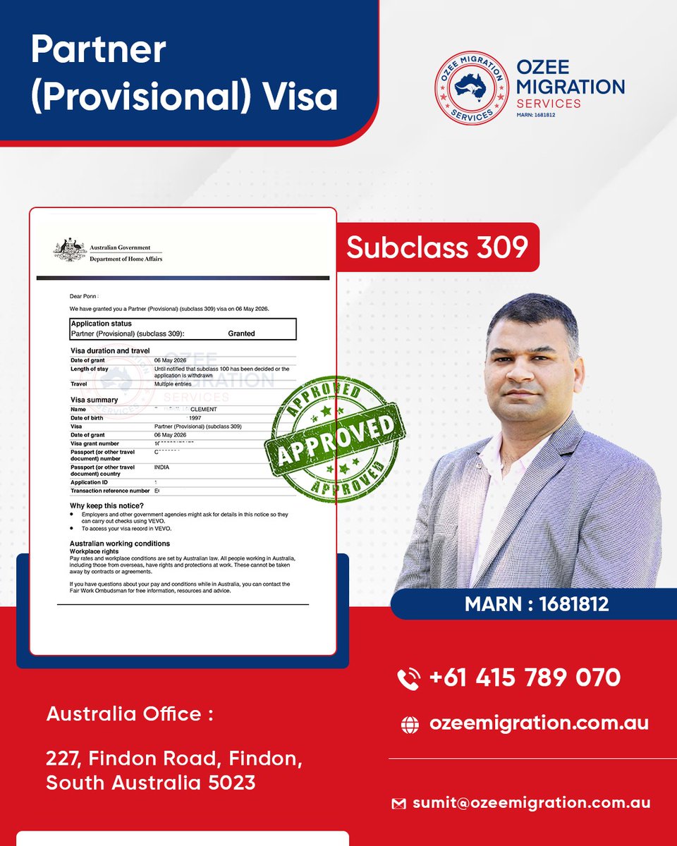 OzeeMigration's tweet photo. Another fantastic result for a  𝐒𝐮𝐛𝐜𝐥𝐚𝐬𝐬 𝟑𝟎𝟗 granted in under 12 months, despite current processing times often stretching well beyond a year.

📞 +61 415 789 070
🌐 https://t.co/wjZrLiMQix

#partnervisa #subclass309 #australianvisa #visagrant #migrationaustralia https://t.co/YTS7HEjWJ4