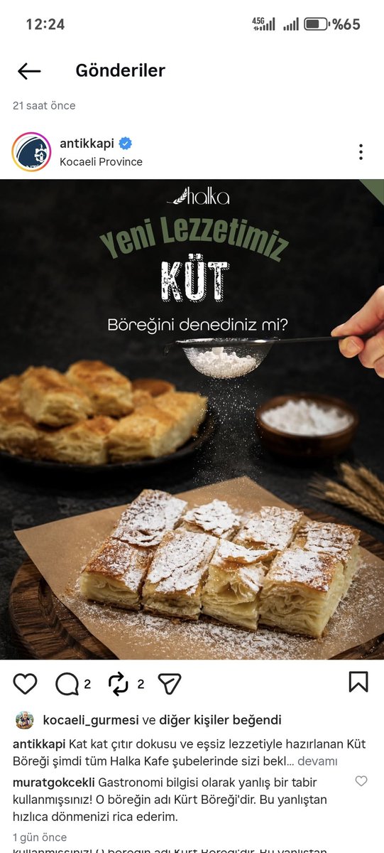 efsanelerinyeri's tweet photo. Sayın Başkanım, @Antikkapi @tahirbuyukakin @kocaelibld Antikkapı sosyal medya adresinden paylaşılan görselde Gastronomi literatüründe Kürt Böreği diye geçen yiyeceğin Küt böreği olarak belirtilmiştir. Bu hatanın düzeltilmesini rica ederiz. https://t.co/pWagcoLm9c