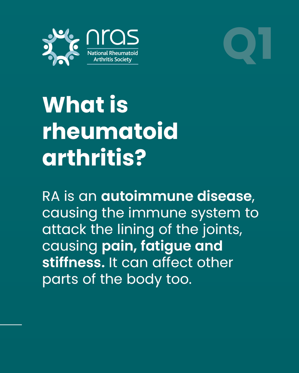 NRAS_UK's tweet photo. Living with rheumatoid arthritis often comes with a lot of questions, especially early on after a diagnosis.

In honour of Arthritis Awareness Month, we’re answering four common questions people have about RA.

Like and share to help raise awareness, or leave a comment with any questions you have about RA.