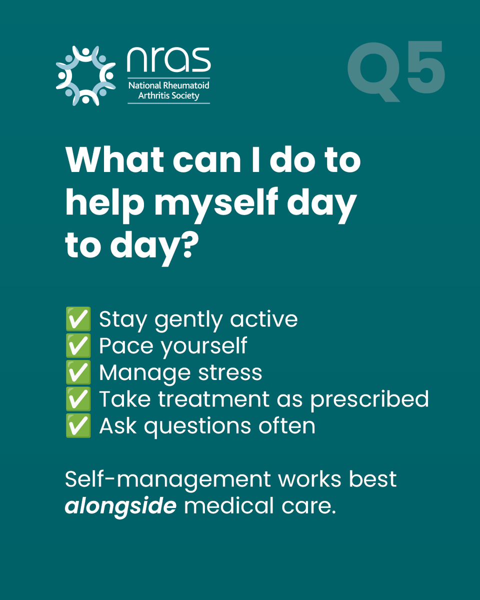 NRAS_UK's tweet photo. Living with rheumatoid arthritis often comes with a lot of questions, especially early on after a diagnosis.

In honour of Arthritis Awareness Month, we’re answering four common questions people have about RA.

Like and share to help raise awareness, or leave a comment with any questions you have about RA.