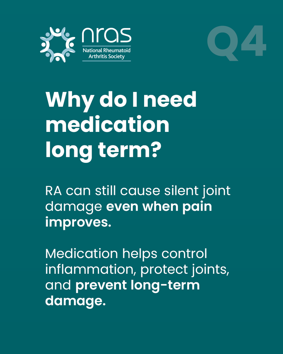NRAS_UK's tweet photo. Living with rheumatoid arthritis often comes with a lot of questions, especially early on after a diagnosis.

In honour of Arthritis Awareness Month, we’re answering four common questions people have about RA.

Like and share to help raise awareness, or leave a comment with any questions you have about RA.