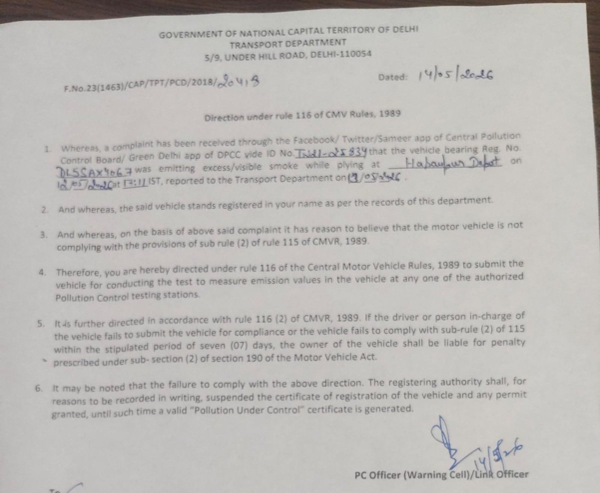 PcdTransport's tweet photo. @CPCB_OFFICIAL @VivekRana918665 @dtptraffic @CAQM_Official Notice sent to registered vehicle owner. https://t.co/xUQNpA9qRm