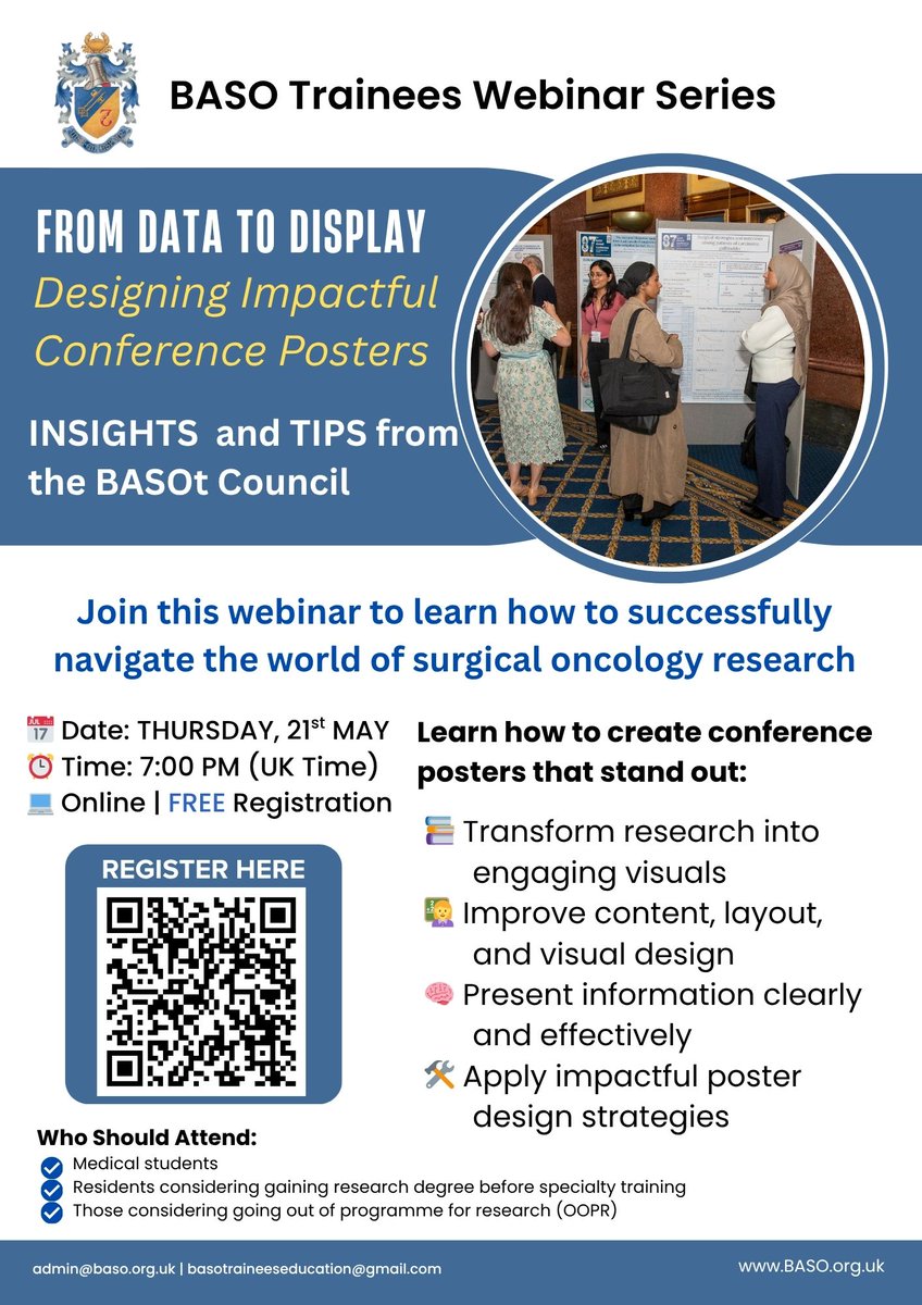 BASO_ACS's tweet photo. 🎓📊 Got research but not sure how to turn it into a conference poster that actually gets noticed?
Join our upcoming webinar:“From Data to Display: Creating Impactful Conference Posters”
📅 Thurs 21 May
🕖 7PMLearn:
✅ How to make your poster stand out
✅ Poster content & design tips
✅ What judges and audiences actually noticePerfect for medical students & early-career resident doctors 👩‍⚕️👨‍⚕️#MedEd #MedicalStudents #Research #AcademicMedicine #ConferencePoster #MedTwitter #ResidentDoctors #MedicalResearch

@BASOtrainee, @roux_group, @TheMammaryFold1, @ASiTofficial, @Dukes_Club, @ASGBI_MA, @BSoT_UK, @RouleauxClub, @Augishealth, @BritOrthopaedic, @PLASTAUK, @ACPGBI_EduTrain, @BJSAcademy, @bbugssuk, @SocSARS, @BAHNOOfficial