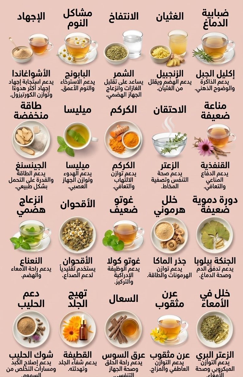 Trendingvideo22's tweet photo. الأشواغاندا : يدعم استجابة إجهاد أكثر هدوءًا وتوازن الكورتيزول.
البابونج : يدعم الاسترخاء والنوم الأعمق.
الشمر : يساعد على تقليل الغازات وانزعاج الجهاز الهضمي.
الزنجبيل : يدعم الهضم ويقلل من الغثيان.
إكليل الجبل : يدعم الذاكرة والوضوح الذهني.
الجينسنغ : يدعم الطاقة والقدرة على التحمل بشكل طبيعي.
مليسا : يدعم الهدوء وتوازن الجهاز العصبي.
الكركم : يدعم توازن الالتهاب والتعافي.
الزعتر : يدعم صحة التنفس وتصفية المخاط.
القنفذية : يدعم الدفاع المناعي والتعافي.
النعناع : يدعم راحة الأمعاء والهضم.
الأقحوان : يستخدم تقليديًا لدعم الصداع.
غوتو كولا : يدعم الوظيفة الإدراكية والتركيز.
جذر الماكا : يدعم توازن الهرمونات والطاقة.
الجنكة بيلوبا : يدعم تدفق الدم وصحة الدماغ.
شوك الحليب : يدعم إصلاح الكبد ومسارات التخلص من السموم.
القطيفة : يدعم شفاء الجلد وتهدئته.
عرق السوس : يدعم راحة الحلق وصحة الجهاز التنفسي.
عرن مثقوب : يدعم التوازن العاطفي والمزاج.
الزعتر البري : يدعم التوازن الميكروبي وصحة الأمعاء.