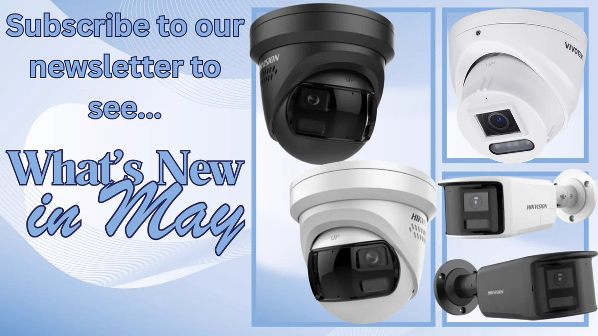 There are light blue letters at the top of the page with dark blue borders around the letters, with five images of various cameras. Three of the cameras are white, and two of them are black. All images are arranged with a light blue border around them. The background behind the cameras is a blurred light blue and white pattern.