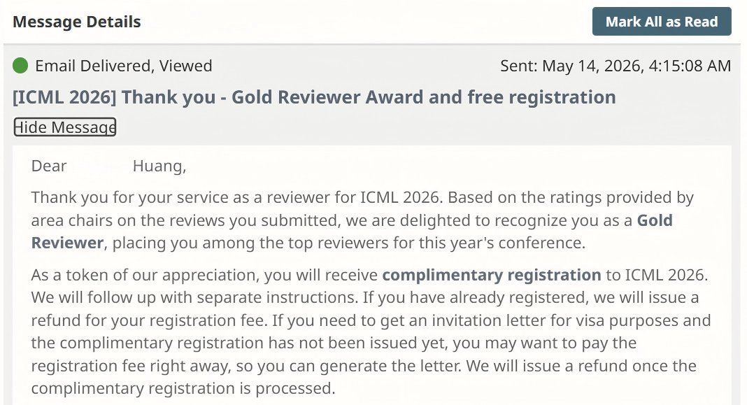 WenhuiOscar's tweet photo. I am honored to share that I have been selected for the Gold Reviewer Award at ICML 2026. Many thanks to @icmlconf for the recognition, and I am grateful for the opportunity to contribute to the machine learning and robot learning communities.
#icml #AwardsShow #reviewer #automot https://t.co/4H0uUVjN7T