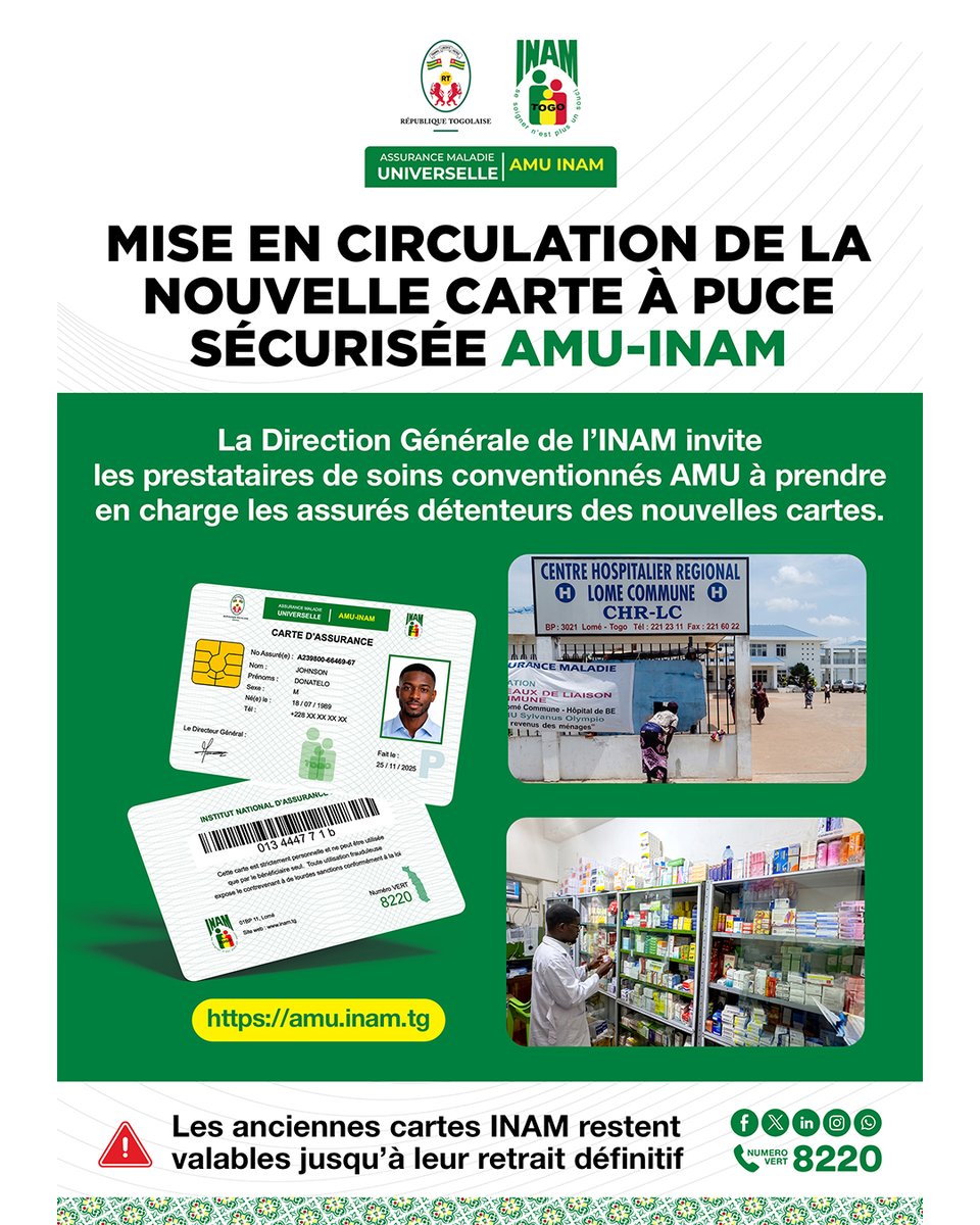 InamTogo's tweet photo. 🟢 MISE EN CIRCULATION DE LA NOUVELLE CARTE À PUCE SÉCURISÉE AMU-INAM
#AMU #INAM #SIAMU #prestatairesdesoins #conventionnésAMU #medecins #infirmiers #pharmaciens #couverturemaladie #soins #santé #Togo https://t.co/30wKe2XB4M