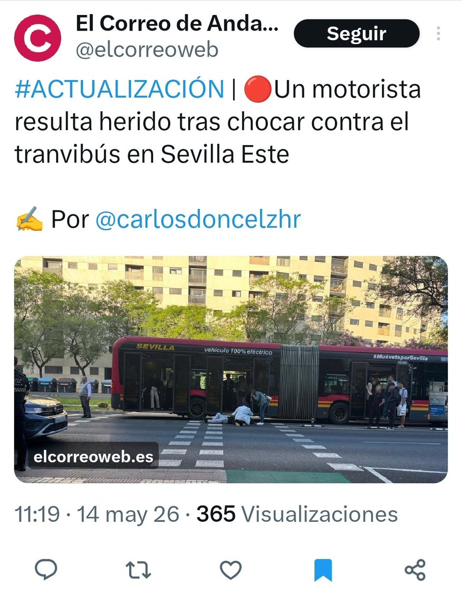 Un_Shofe's tweet photo. Aclaración por parte de El Correo de Andalucía.
- El motorista se choca contra el tramvú (y no al revés).

Pequeños detalles que no vienen muy bien para los Tussamnologos y Tussamnologas pero así ha sido.
https://t.co/WH5bzGXFNm https://t.co/KcM8BDPqLO