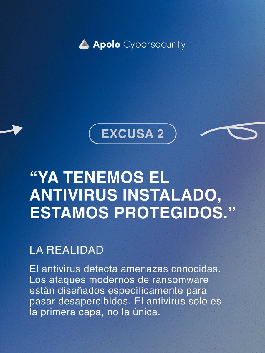 ApoloCybersec's tweet photo. “No nos va a pasar.” “Somos pequeños.” “Ya tenemos antivirus.”

Hasta que un día pasa.

La ciberseguridad no va de alarmar, va de anticiparse.

En Apolo Cybersecurity revisamos gratis la seguridad de tu empresa: 20 min, sin tecnicismos y con informe real.

https://t.co/9QZeoncaVN https://t.co/wyWTpLZPQE