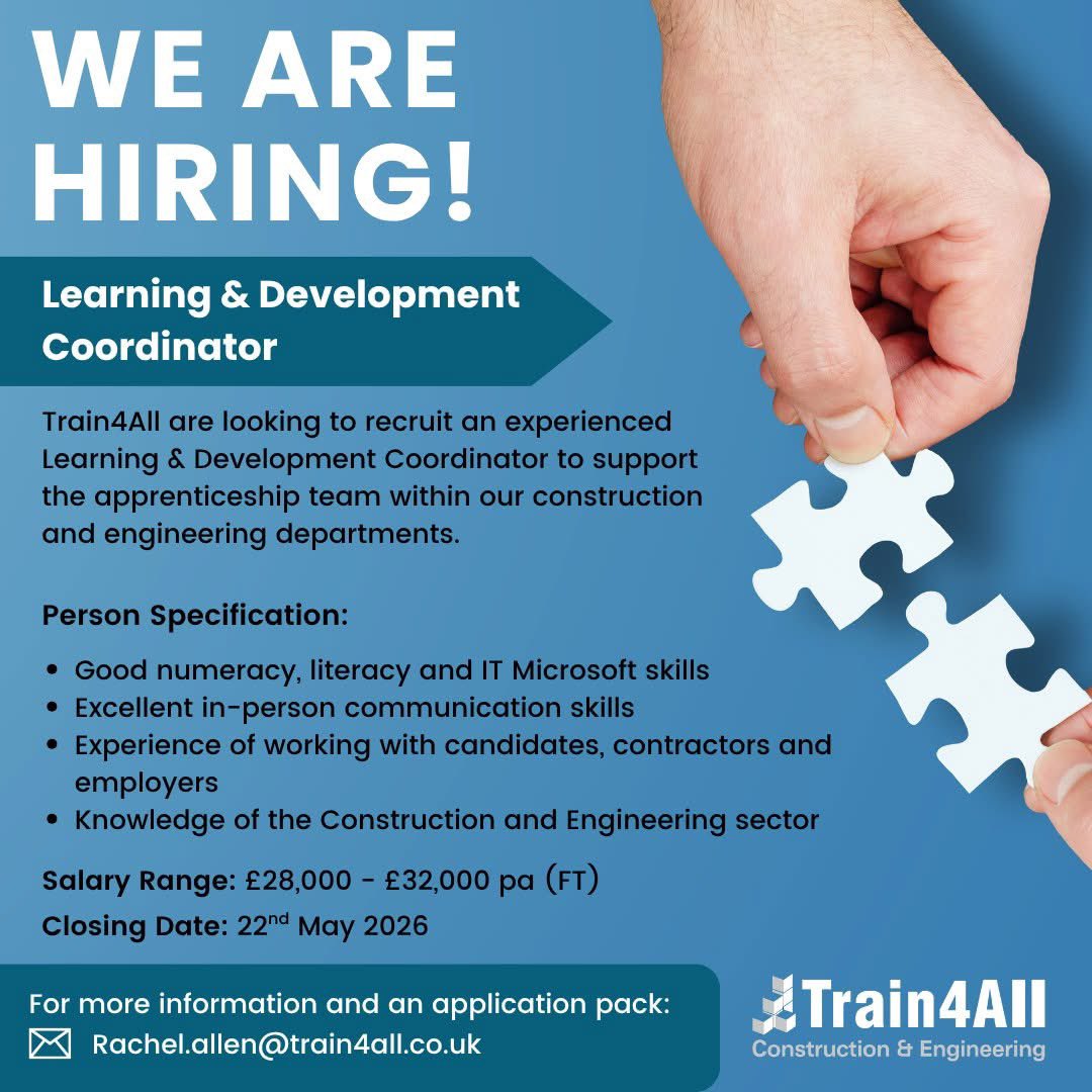 Train4All's tweet photo. 🌟 Job Opportunity 🌟 

We are looking to recruit an experienced Full Time Learning &amp; Development Coordinator to support our apprenticeship team in Somerton.

Feel free to contact us for an informal chat and to request and application pack: Rachel.allen@train4all.co.uk. https://t.co/64xA2MvZPk