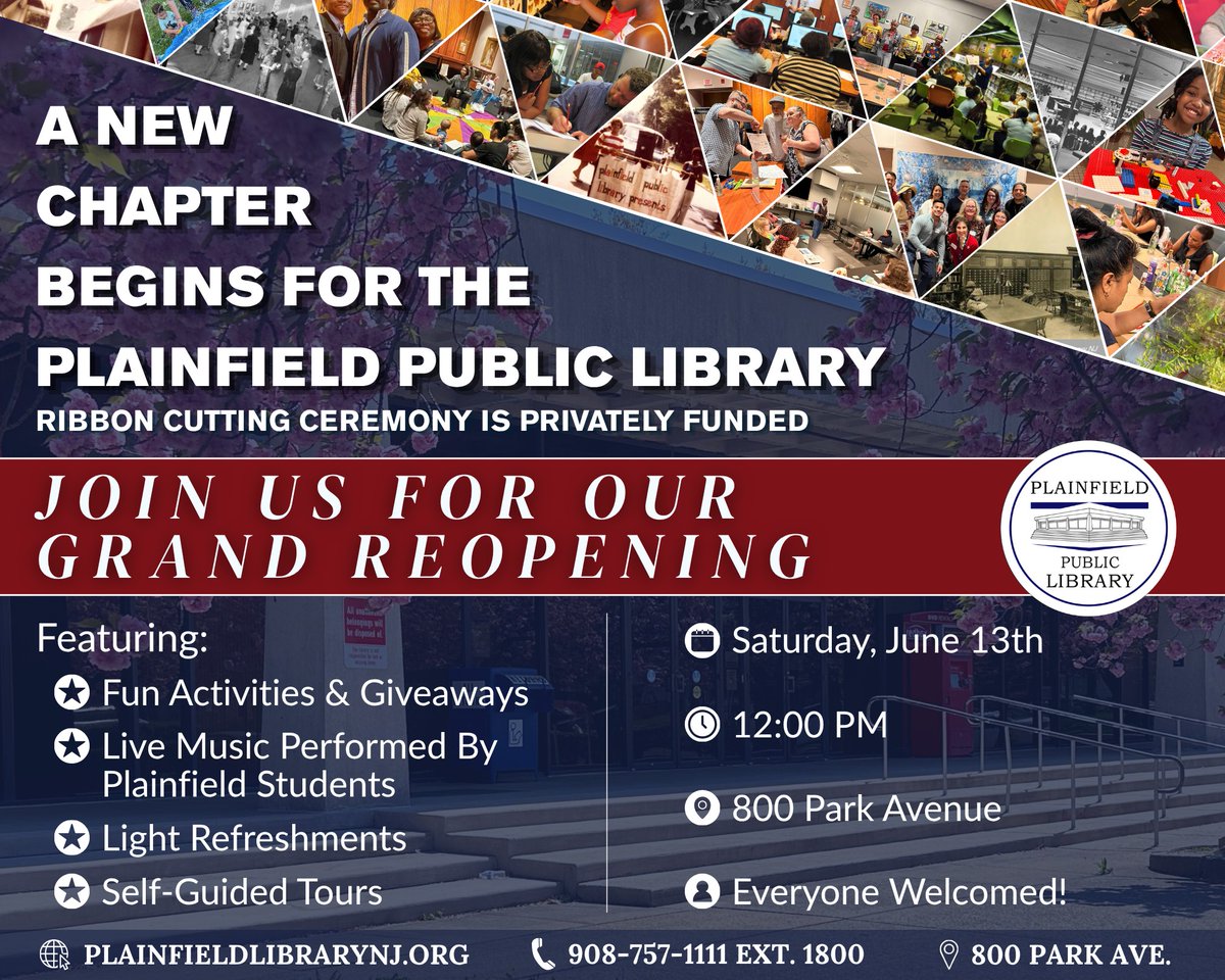 plainfieldpl's tweet photo. 🚨 30 DAYS UNTIL OUR GRAND REOPENING CELEBRATION🚨

📚 After months of transformative renovations, the Plainfield Public Library will host a Grand Reopening Celebration on Saturday, June 13!

🔗 To learn more, visit our website: https://t.co/Pe6XkGn5Hk https://t.co/GEK8WAiJa9